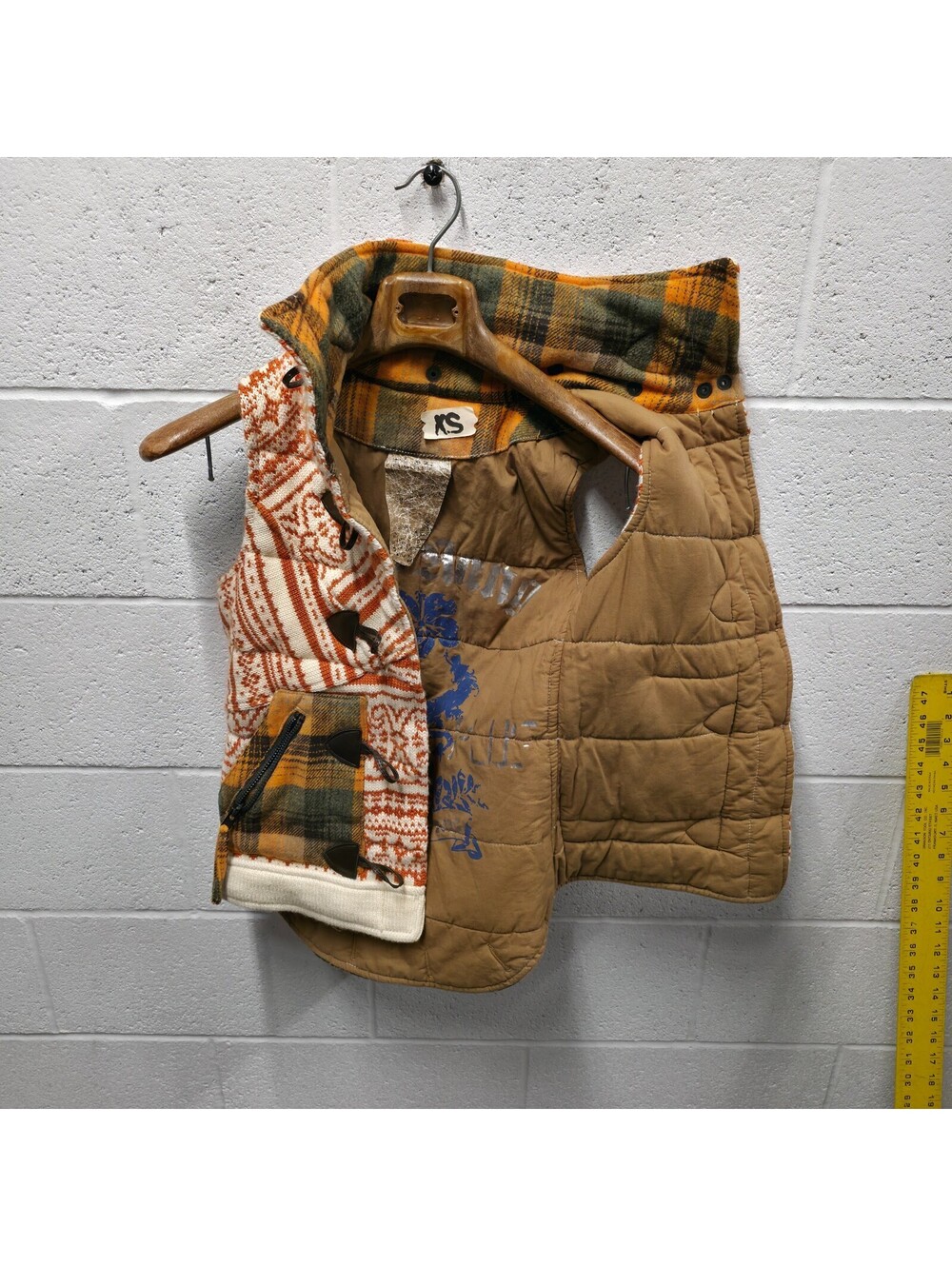 Da Nang Women's Sweater Hooded Vest Orange Plaid Wool Blend Vest XS 16x24 - Picture 8 of 9